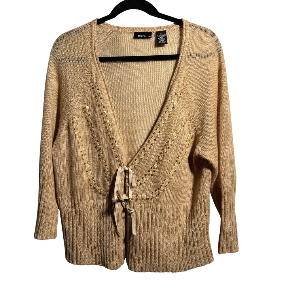 VTG Y2K Tan Mohair Blend Cardigan Tie Front Knit Sweater Womens 1X‎ Sequins Boho